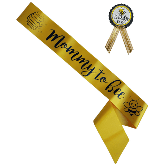 Mommy To Bee Baby Shower Sash Daddy Pin Badge Yellow & Black What Will It Be Gender Reveal