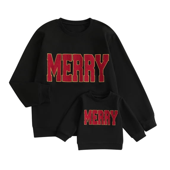 Mommy and Me Christmas Matching Outfits Merry Letter Sweatshirt Embroidery Crewneck Pullover Tops