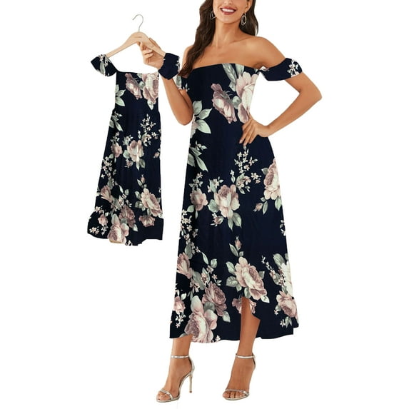 Mommy and Me Dresses Off Shoulder Chiffon Ruffled Long Dress Mother Daughter Matching Sundress