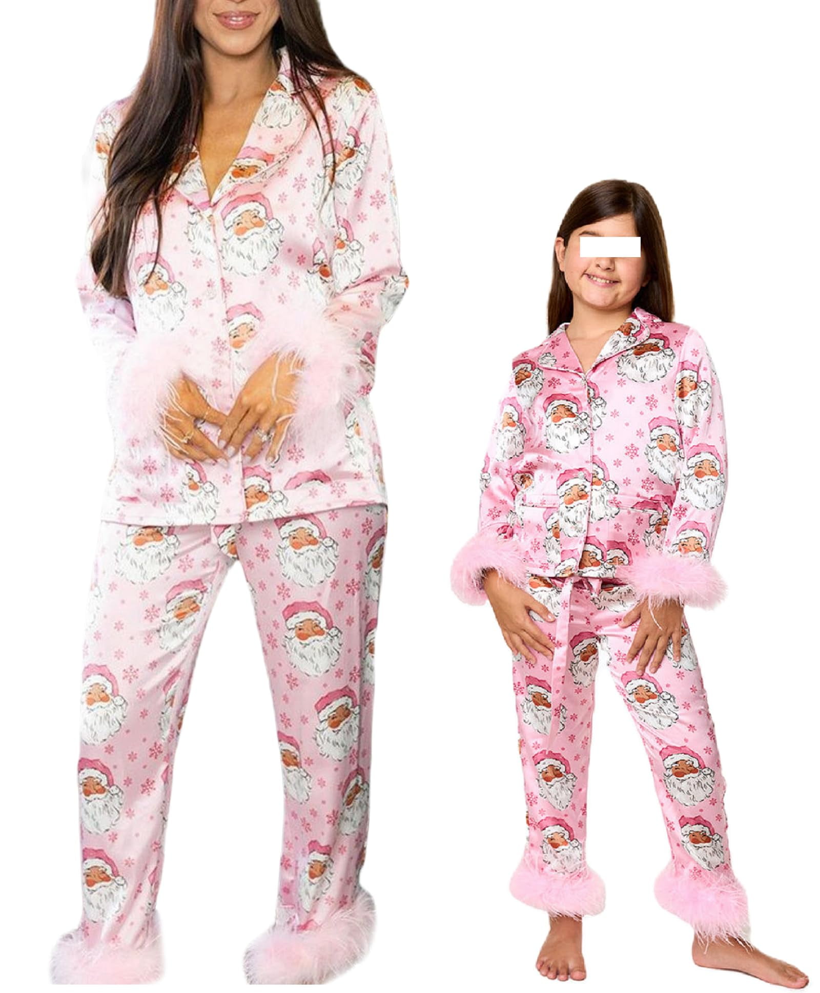 Mommy and Me Matching Christmas Pajamas Set Feather Trim PJs Set 2