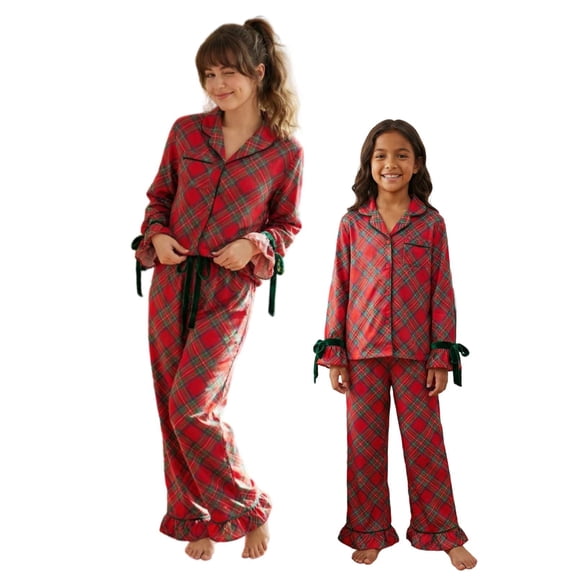 Mommy and Me Matching Christmas Pajamas Set Plaid Button Up Lapel V Neck Long Sleeve Tops and Pants