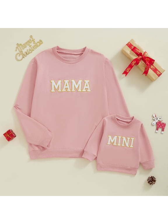 Mommy and Me Matching Outfits Letter Print Round Neck Pullover Long Sleeve Sweatshirts Tops