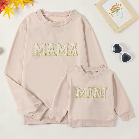 Mommy and Me Matching Outfits Mama Mini Letter Print Long Sleeve Crewneck Sweatshirt Halloween Baby Matching Clothes