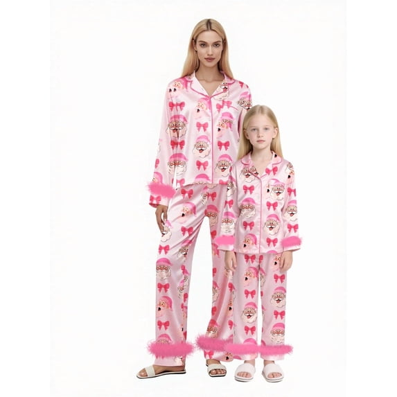 Mommy and Me Matching Pajamas Bow Santa Print Button Down Long Sleeve Lapel Feather Trim Tops Pants