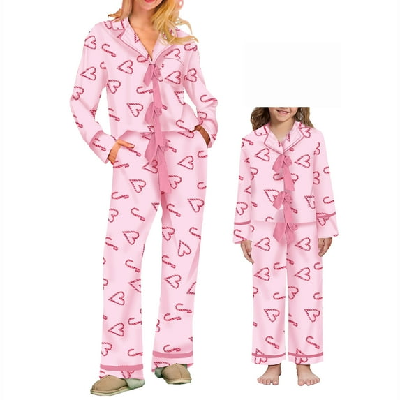 Mommy and Me Matching Pajamas: Heart/Bow Print Tie Front Long Sleeve Tops and Long Pants Set