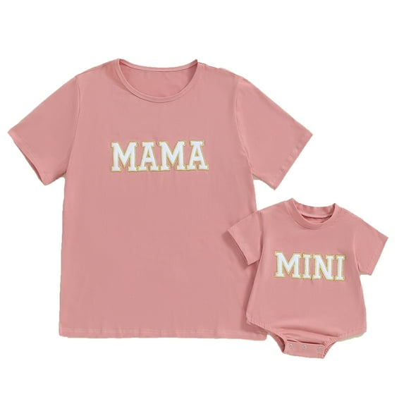 Mommy and Me Matching Shirts Outfit Cute Letter T-Shirts/Rompers Short Sleeve Tops Mom and Mini Matching Outfits Summer Clothes