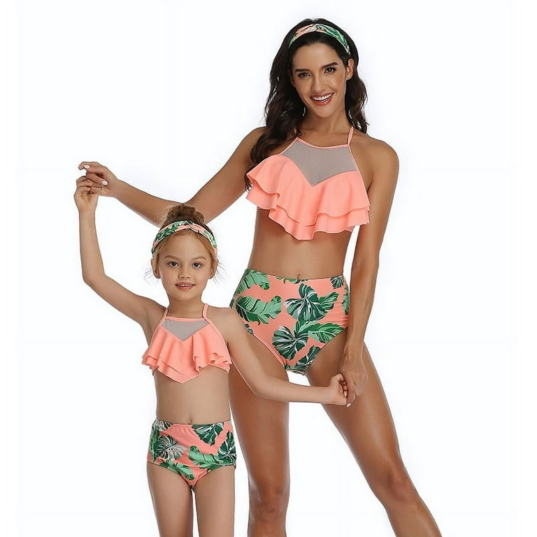 Mommy and Me Swimsuits Double Lotus Leaf Print Halter Neck Strap Irregular  Style Leisure Mother and Daughter Bikini Swimsuit Set