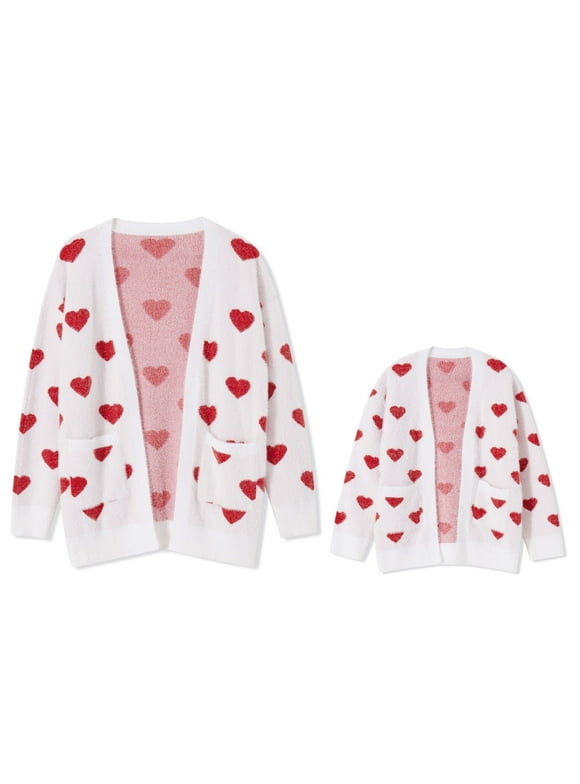 Mommy and Me Valentine's Day Outfits Heart Pattern Long Sleeve Open Front Cardigan Sweater
