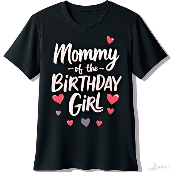 Mommy of the Birthday Girl Black T-Shirt with Pink & White Hearts for Celebrations