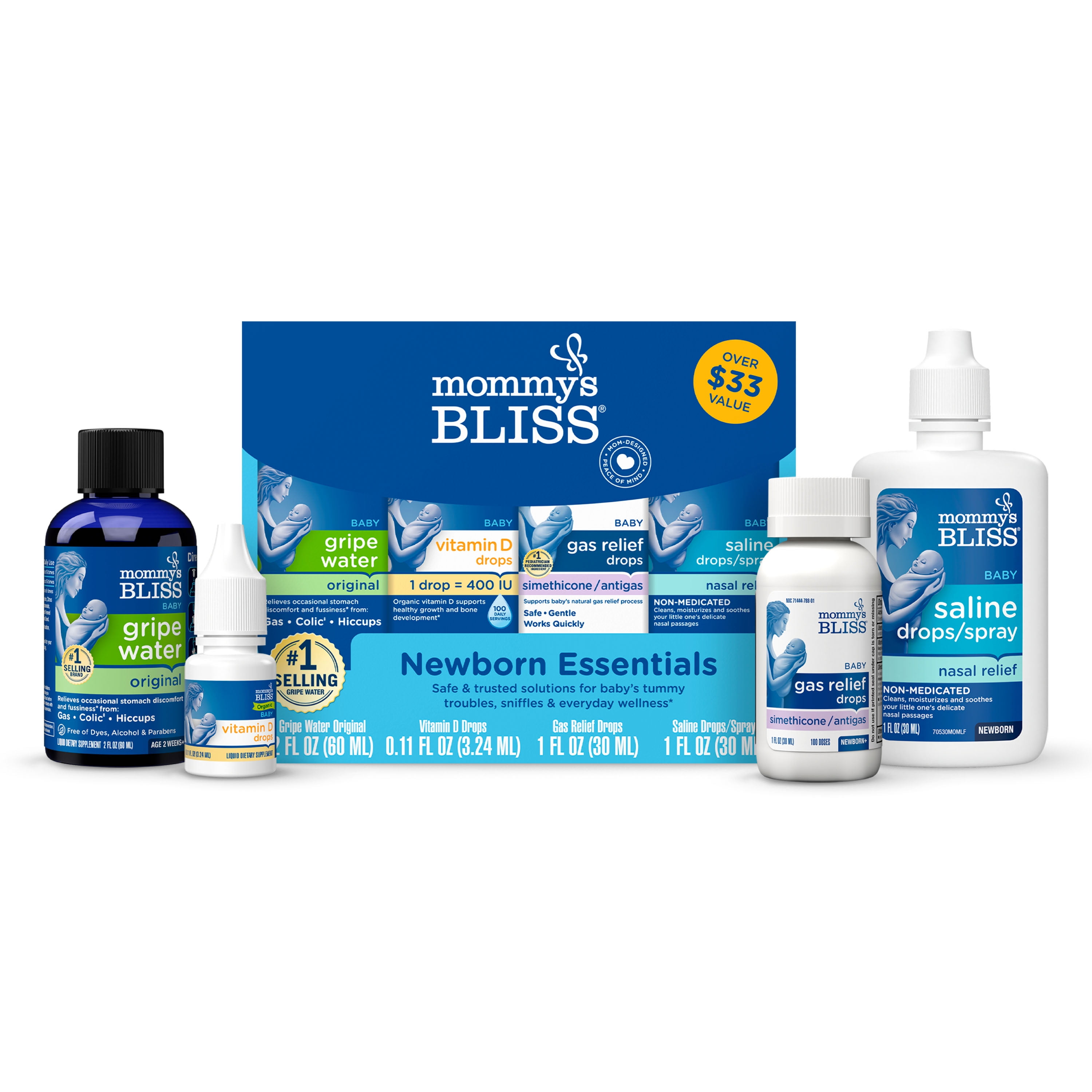 Mommy's Bliss Newborn Set, Included Gripe Water, Vitamin D, Gas Relief, Saline Drops, 4 Count