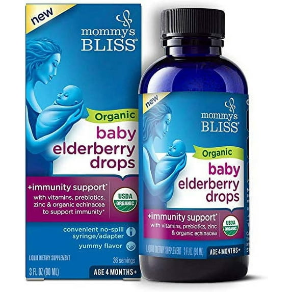 Mommy's Bliss Organic Baby Elderberry Drops, Immnity Support with Vitamins, Prebiotics, Zinc & Organic Echinacea, Age 4 Months +, 3 Fl Oz (36 Servings)