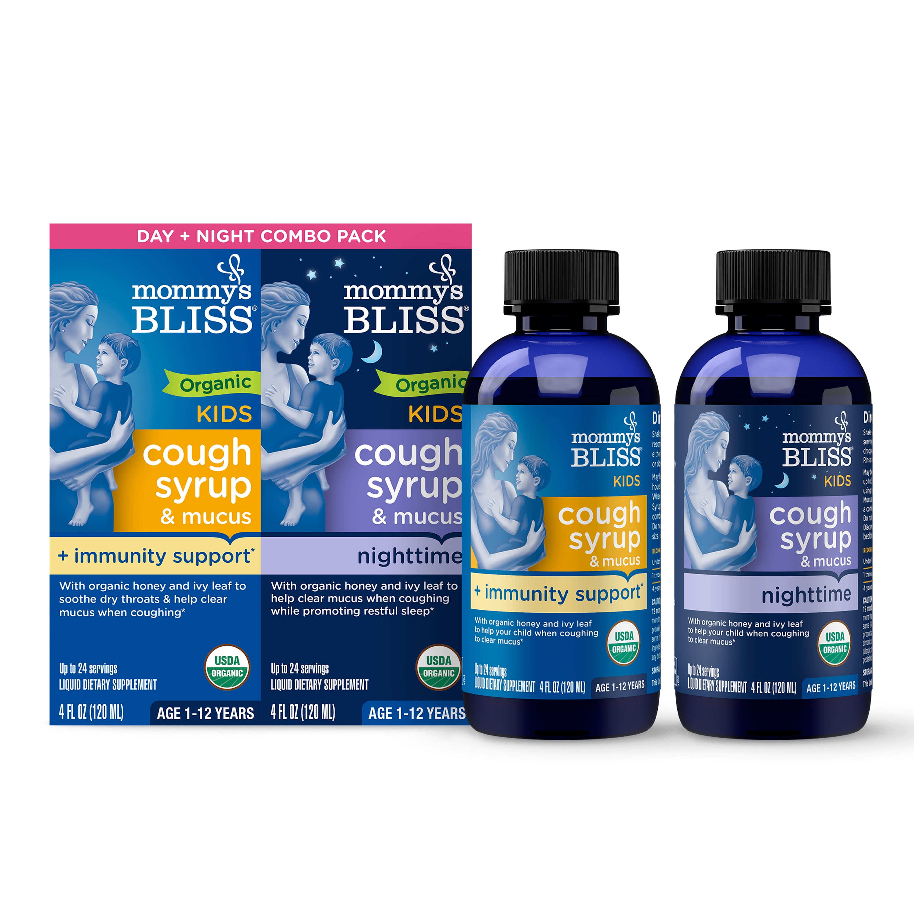 Mommy's Bliss Organic Day + Night Organic Cough Syrup,Age 4 Months+, over-The Counter,(2) 1.67 fl. oz. Bottles