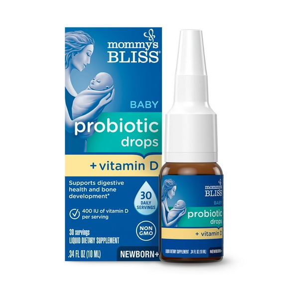 Mommy's Bliss Baby Probiotic Drops + Vitamin D, Supports Digestive Health and Immunity, 400IU Vitamin D for Healthy Bone Development, Newborns +, Flavorless, 0.34 Fl Oz (30 Servings)