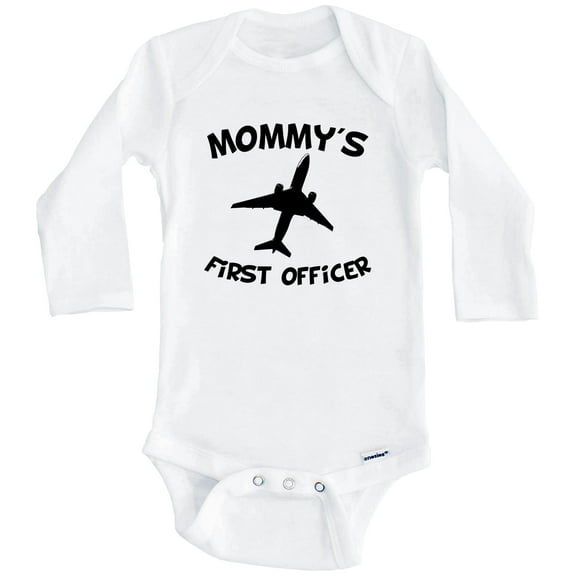 Mommy's First Officer Cute Airplane One Piece Baby Bodysuit (Long Sleeve), 0-3 Months White