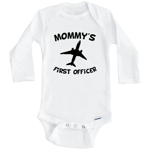 Mommy's First Officer Cute Airplane One Piece Baby Bodysuit (Long Sleeve), 6-9 Months White