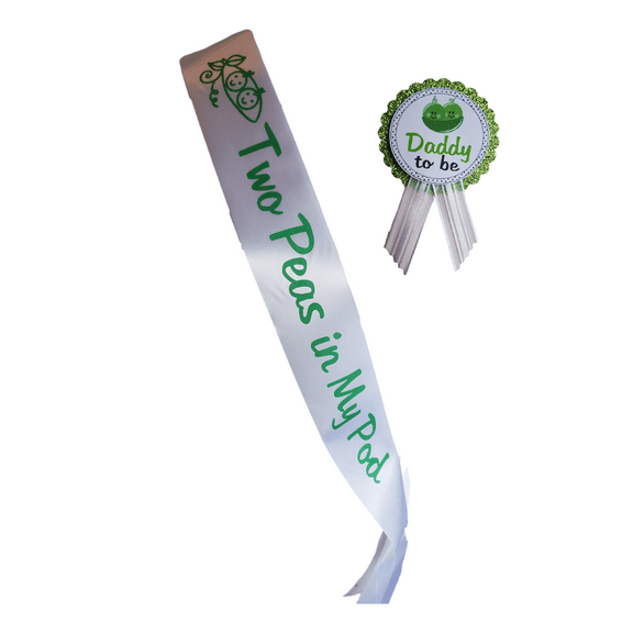 Mommy to Be Twin Baby Shower Party Sash & Pin and Daddy to Be "Two Peas in My Pod"