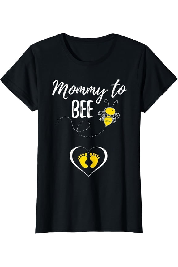 Mommy to Bee Pregnancy Announcement T-Shirt Cute Bumblebee Maternity Graphic Tee Retro Heart Footprints Top