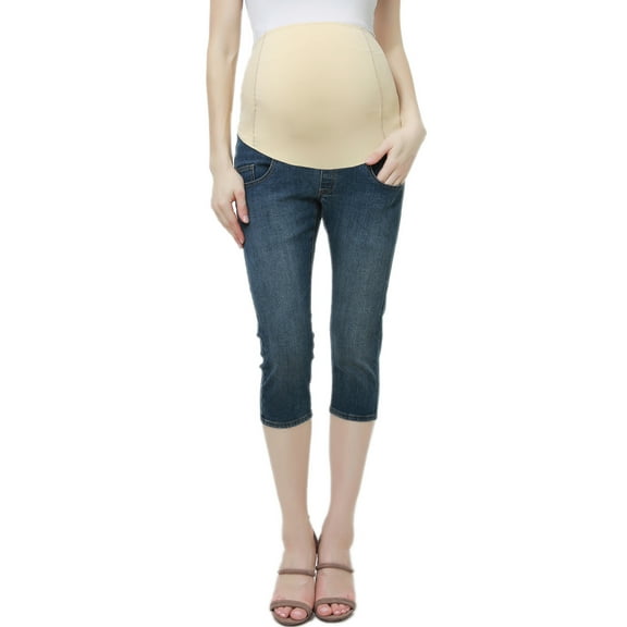 Momo Maternity Stretchy Full Panel Capri Pants, Medium Indigo Blue, 25 X 33