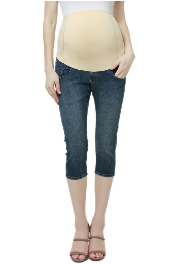 Momo Maternity Stretchy Full Panel Capri Pants, Medium Indigo Blue, 25 X 33