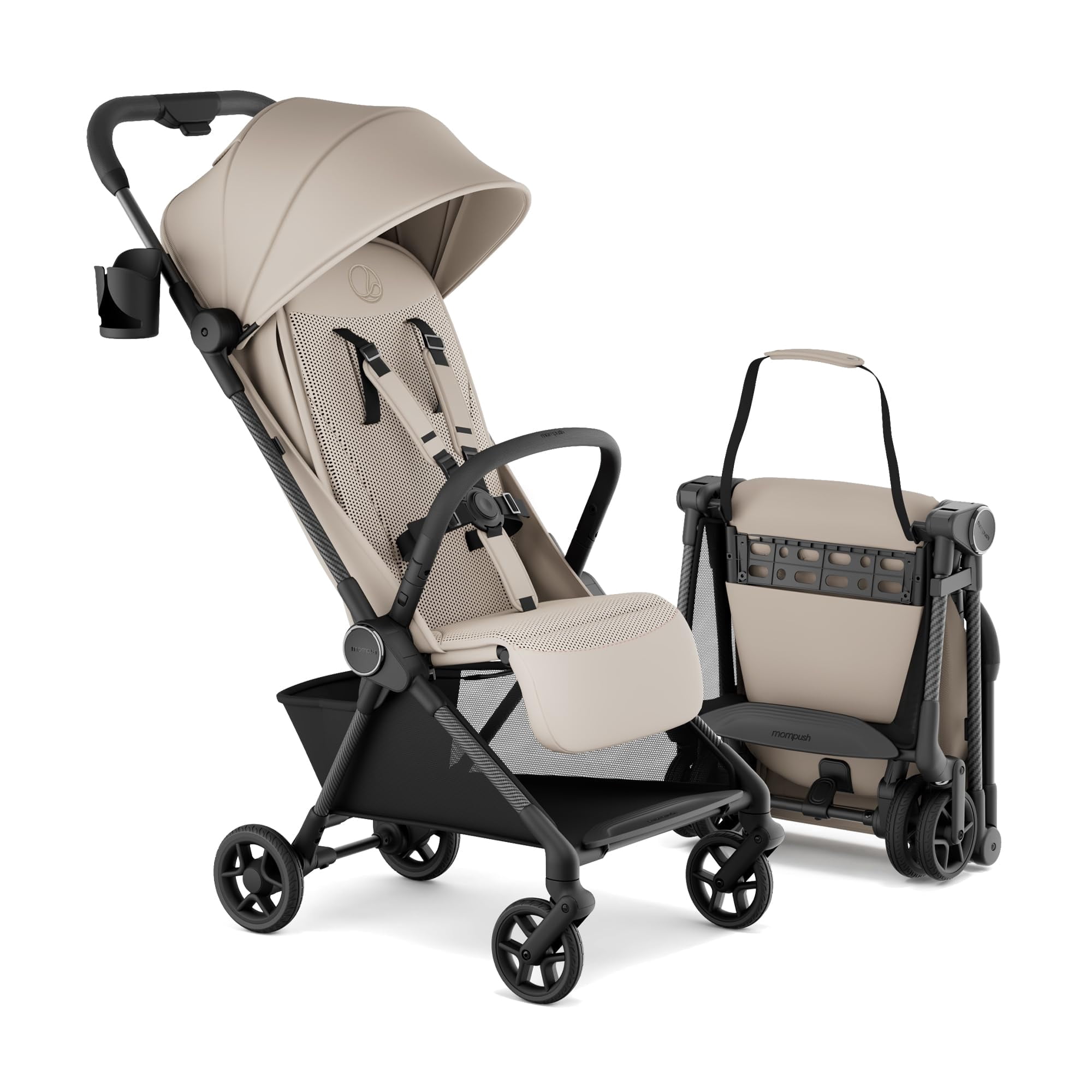 Mompush Nexis Carbon Ultra-Light Travel Stroller, Compact, Full Recline, from Birth to 50 lbs, Khaki, 13.9LB, Unisex