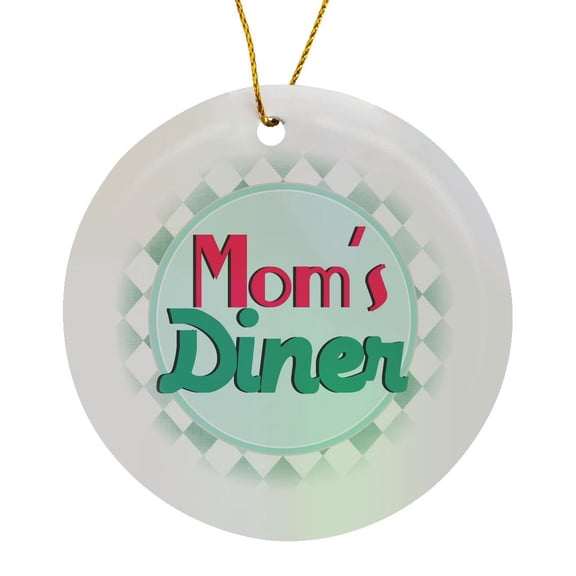 Moms Diner On Aqua. Retro Hot Pink Turquoise Teal Blue 1950S Style 50S Fifties Kitchen Mothers Day, Circle Porcelain Ornament