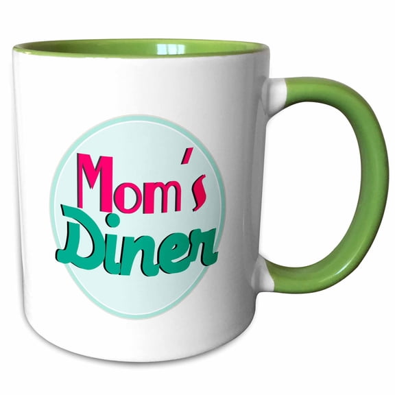 3drose, Moms Diner on White. Retro Hot Pink Turquoise Teal Blue 1950s Style 50s Fifties Kitchen Mothers Day, 11oz Two-tone Green Mug