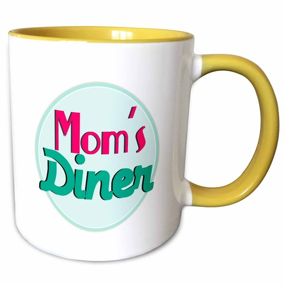 3drose, Moms Diner on White. Retro Hot Pink Turquoise Teal Blue 1950s Style 50s Fifties Kitchen Mothers Day, 11oz Two-tone Yellow Mug