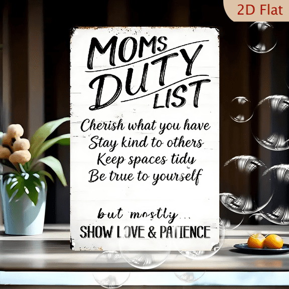 Moms Duty List Wall Art 8x12 Inches Rustic Farmhouse Decor, Inspirational Motherhood Sign with Cherish Kindness Tidy Love & Patience Quotes on Weathered White Wood Plank Style Metal Tin Sign