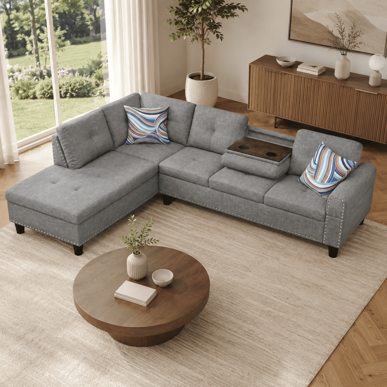 Momspeace 3 Piece Sectional Sofa with Cup Holder, 98" Linen L-Shaped Sofa for Living Room, Gray