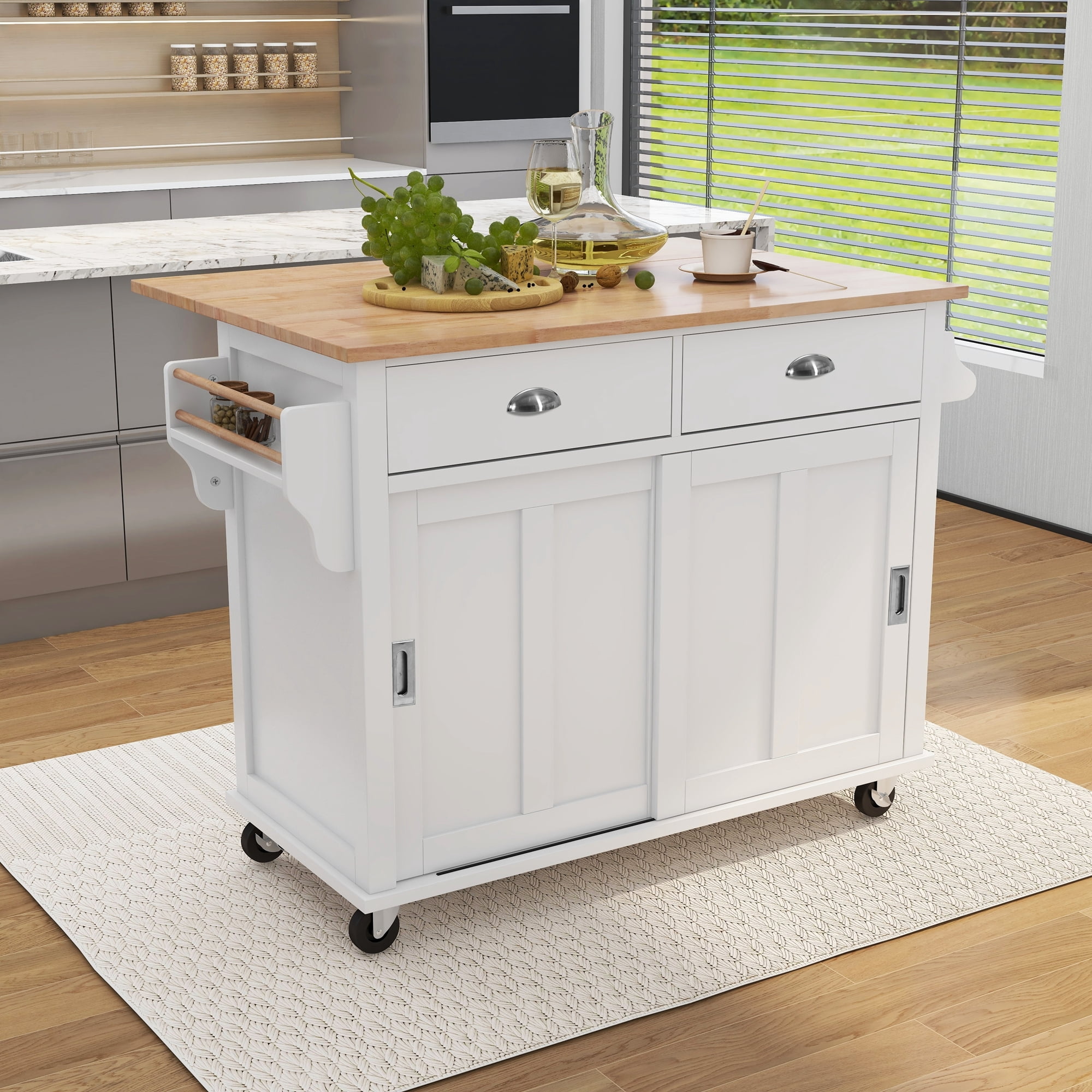 Momspeace 52.2 Inch Kitchen Cart Rubber Wood Drop‑Leaf Countertop Concealed Sliding Barn Door Adjustable Height, MDF Material, White/Black/Mint Green