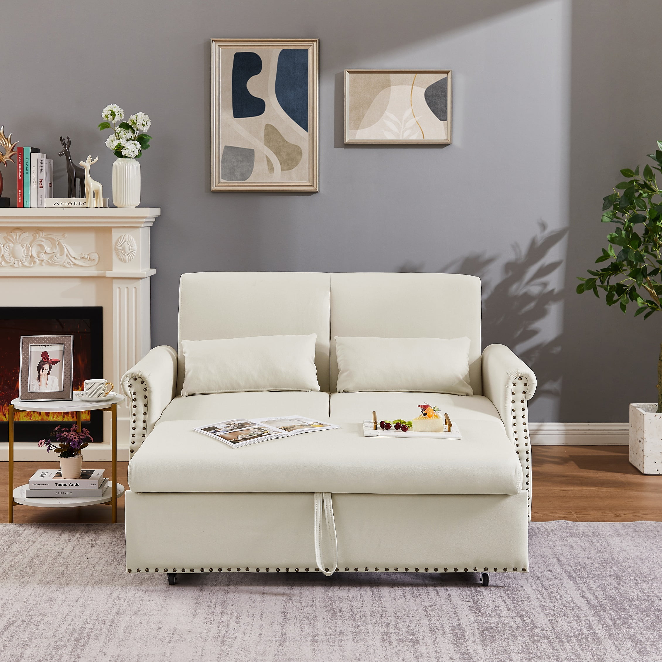 Momspeace 55" Futon Sofa Bed, Modern Loveseat Convertible Pull out Sofa Bed 2 Seater Sleeper Sofa Couch with Adjustable Backrest - Beige