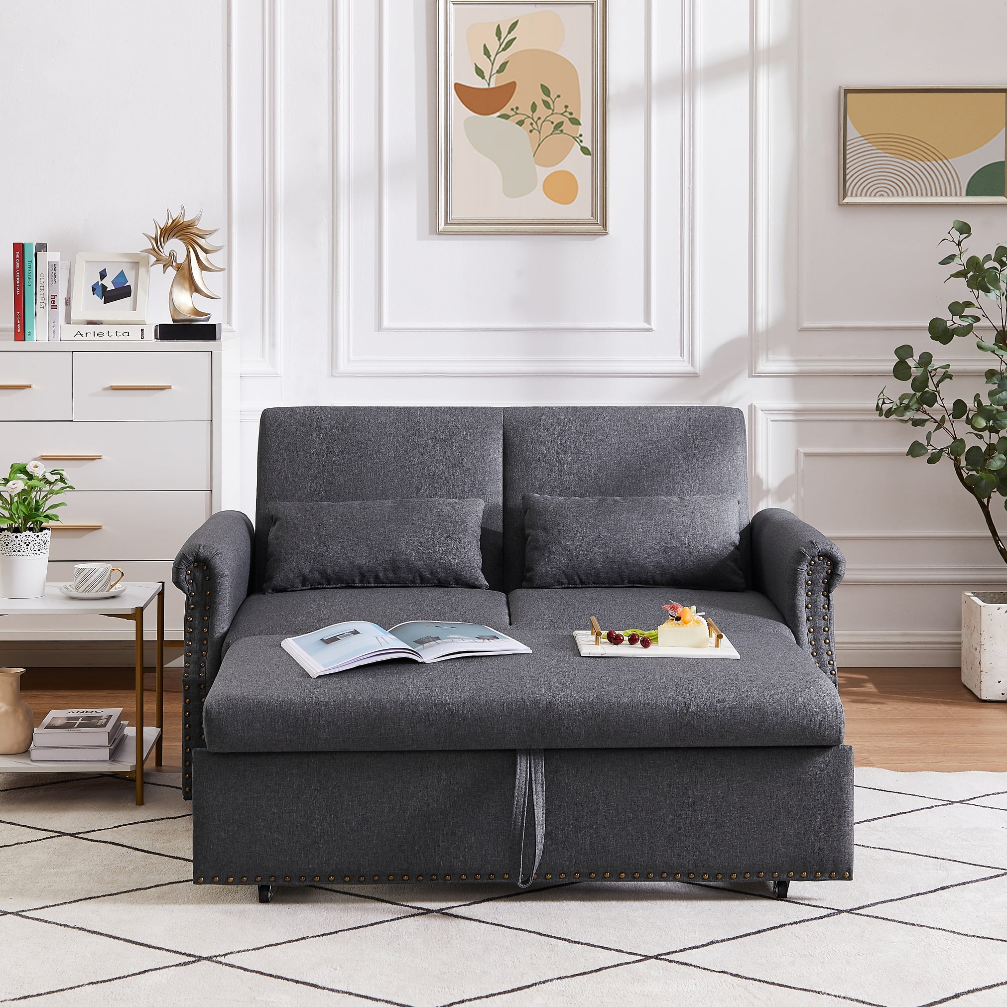Momspeace 55" Futon Sofa Bed, Modern Loveseat Convertible Pull out Sofa Bed 2 Seater Sleeper Sofa Couch with Adjustable Backrest - Dark Gray