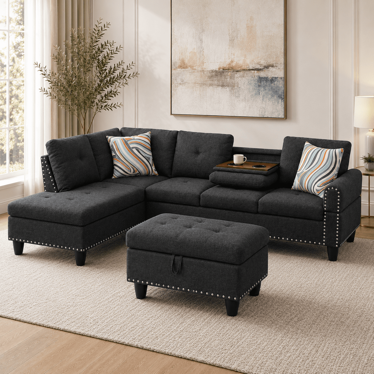 Momspeace 98" L-Shaped Sectional Sofa, Oversized 6 Seater Sofa with Ottoman and Cup Holder, Linen, Black