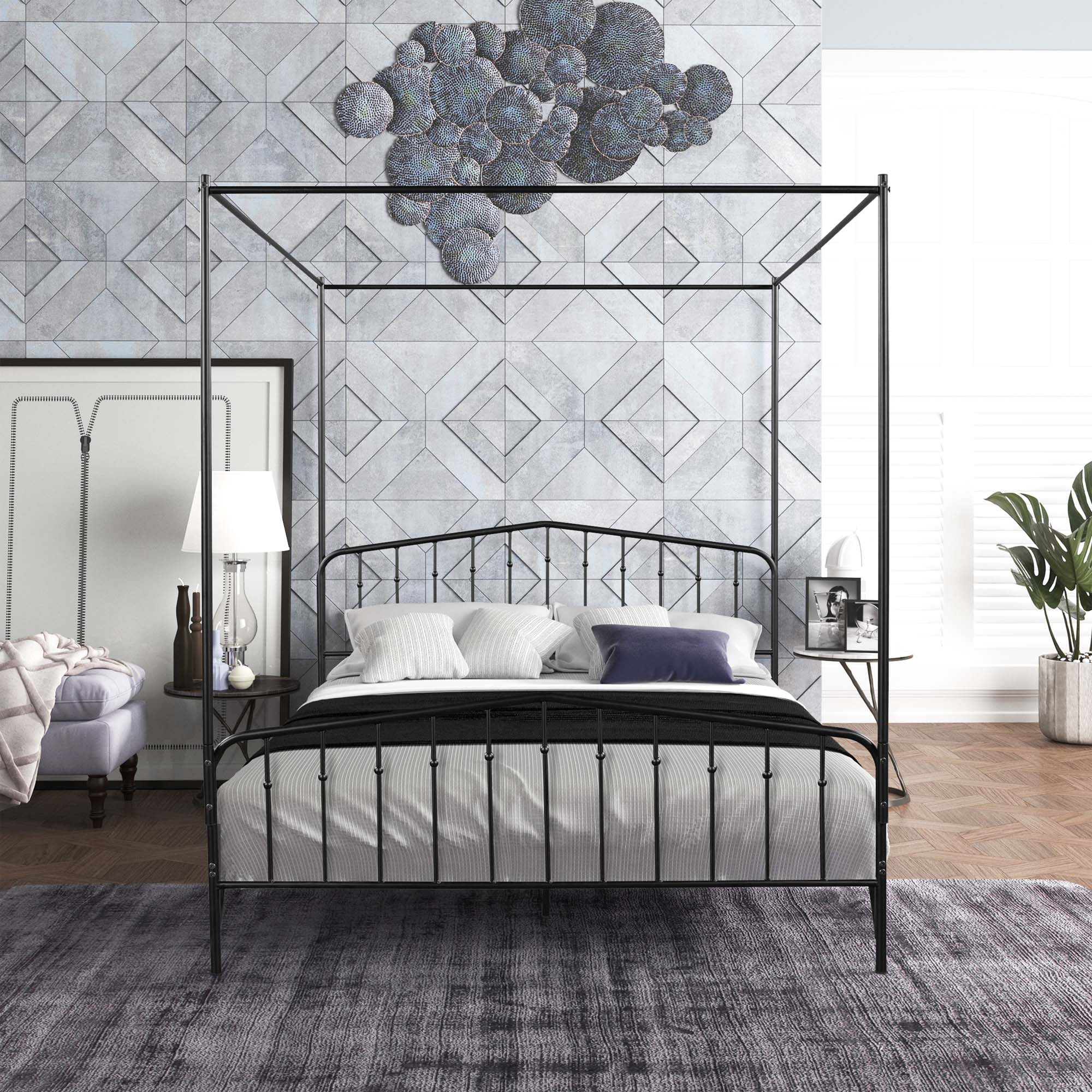 Momspeace Detachable Queen Anti-Noise Metal Canopy Bed, with Footboard for Teens Kids Adult, Black