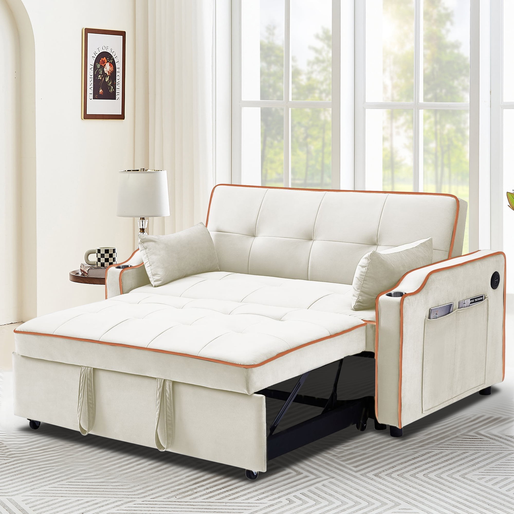 Momspeace Futon Sleeper Sofa Bed with Pull Out Bed, Convertible Sofa Couch Loveseat with Cup Holders and USB Port for Living Room - Cream White