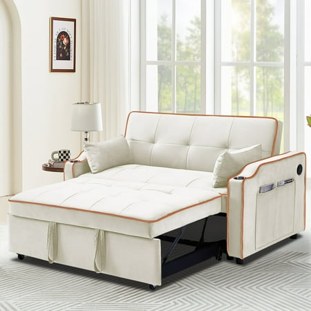 Momspeace Futon Sleeper Sofa Bed with Pull Out Bed, Convertible Sofa Couch Loveseat with Cup Holders and USB Port for Living Room - Cream White