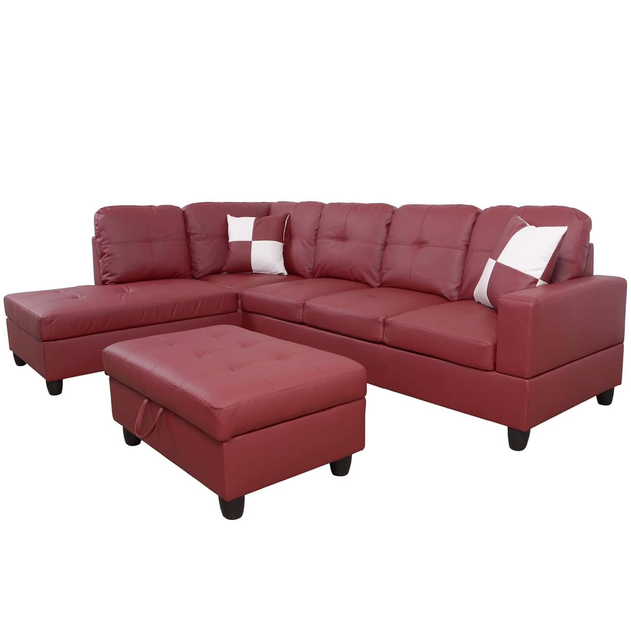 Momspeace Living Room Sectional Couch with Storage Ottoman, Modern PU Leather L-Shaped Sofa Couch Set - Red