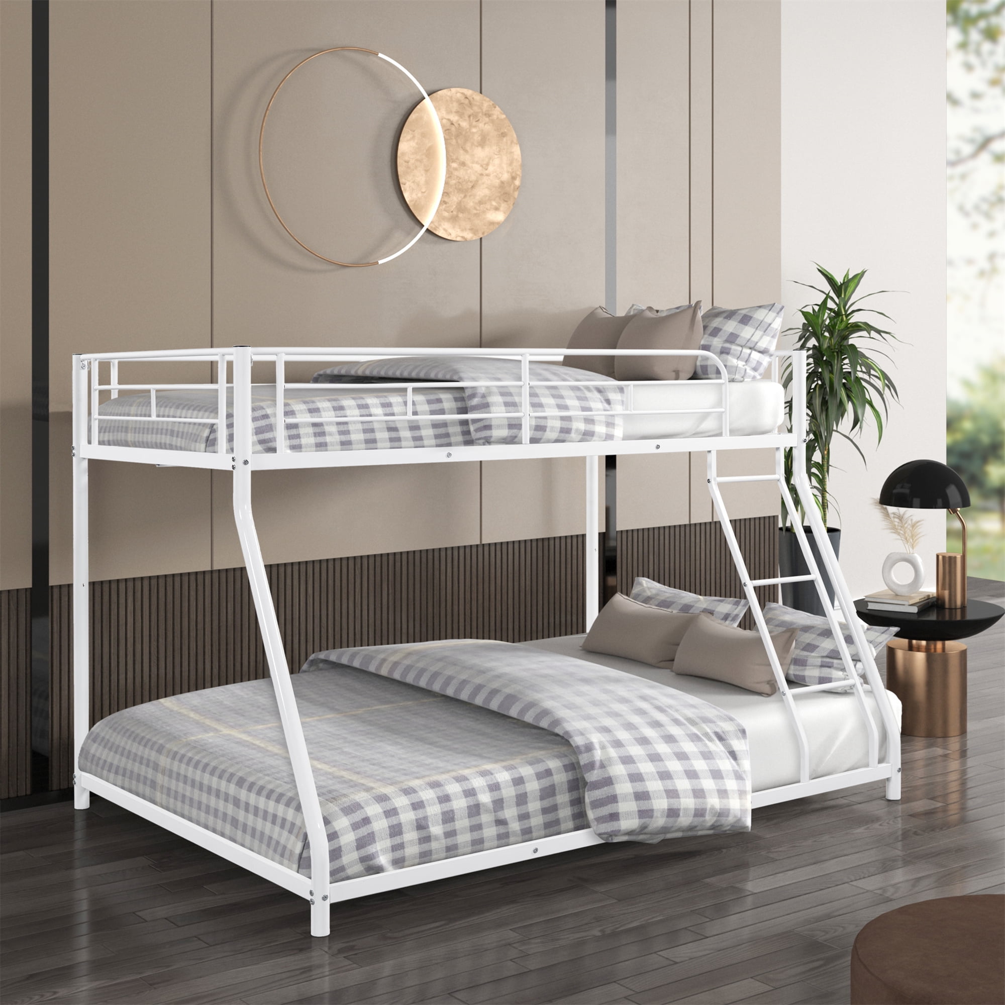 Momspeace Metal Bunk Bed Twin Over Full with Ladder and Safety