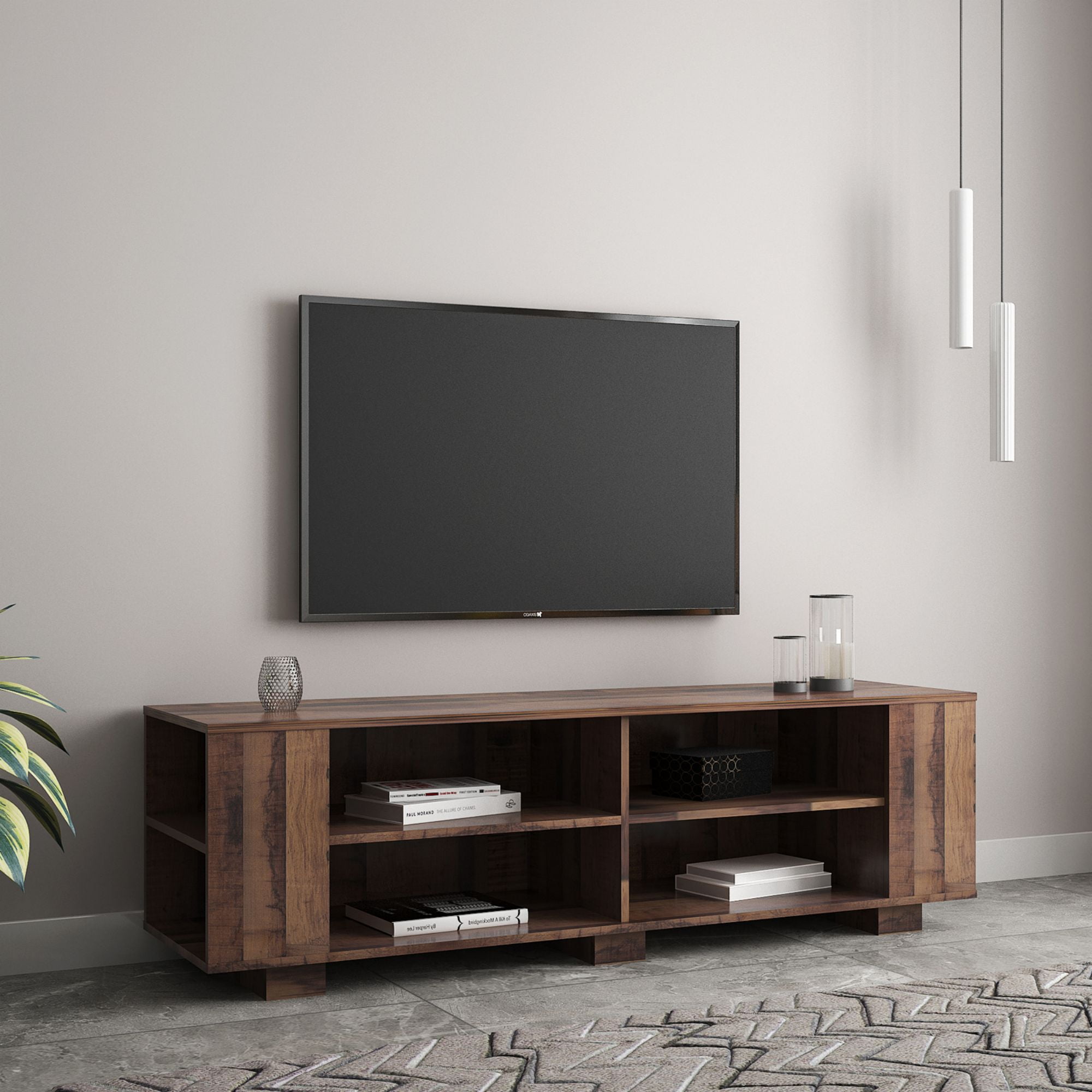 Momspeace Mid-Century TV Stand with 8 Open Storage Compartments, Vintage Media Console with Adjustable Shelves for TVs up to 65'' - Brown
