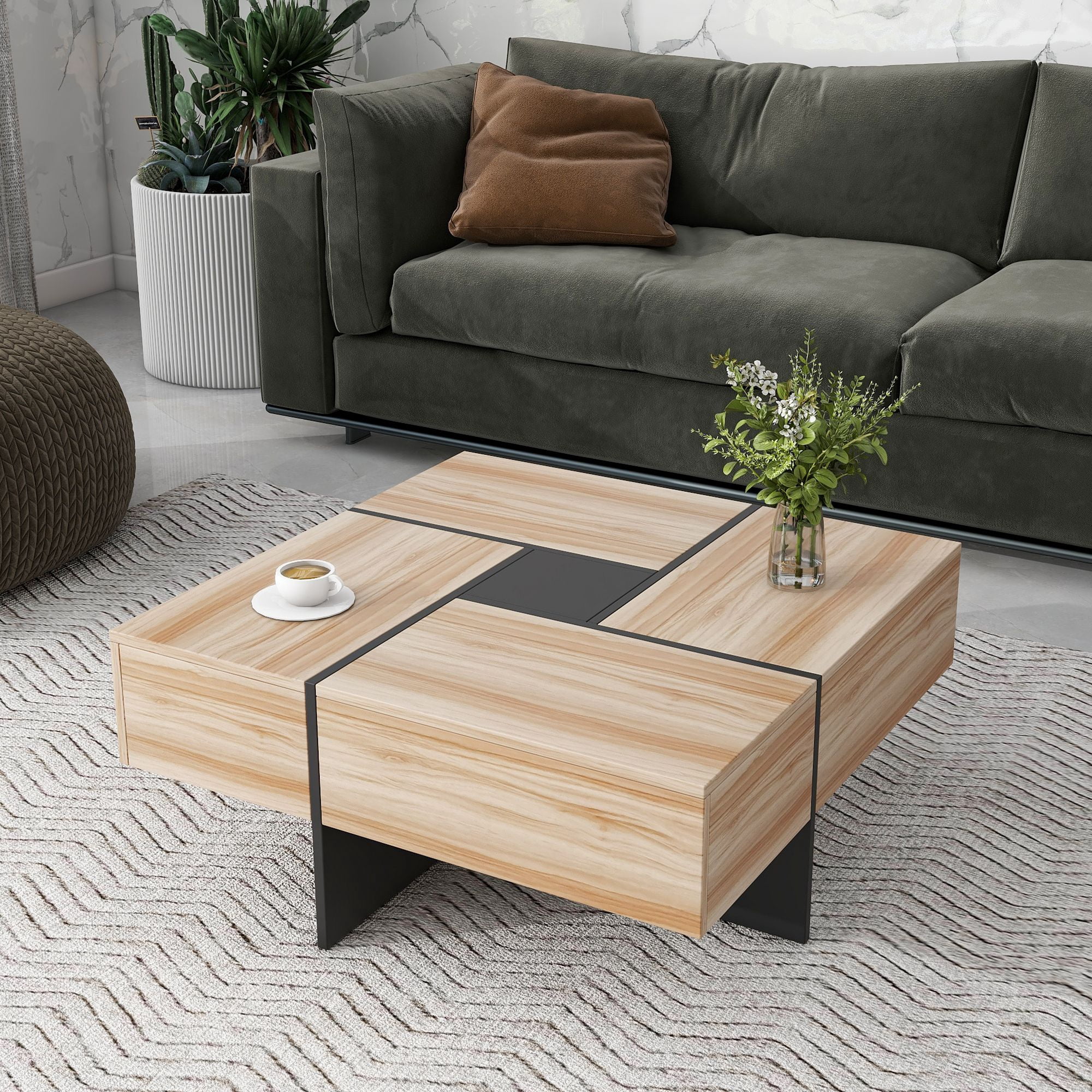 Momspeace Modern Coffee Table with Extendable Sliding Tabletop and 4 Hidden Storage Drawers, UV High-gloss End Table for Living Room - Brown
