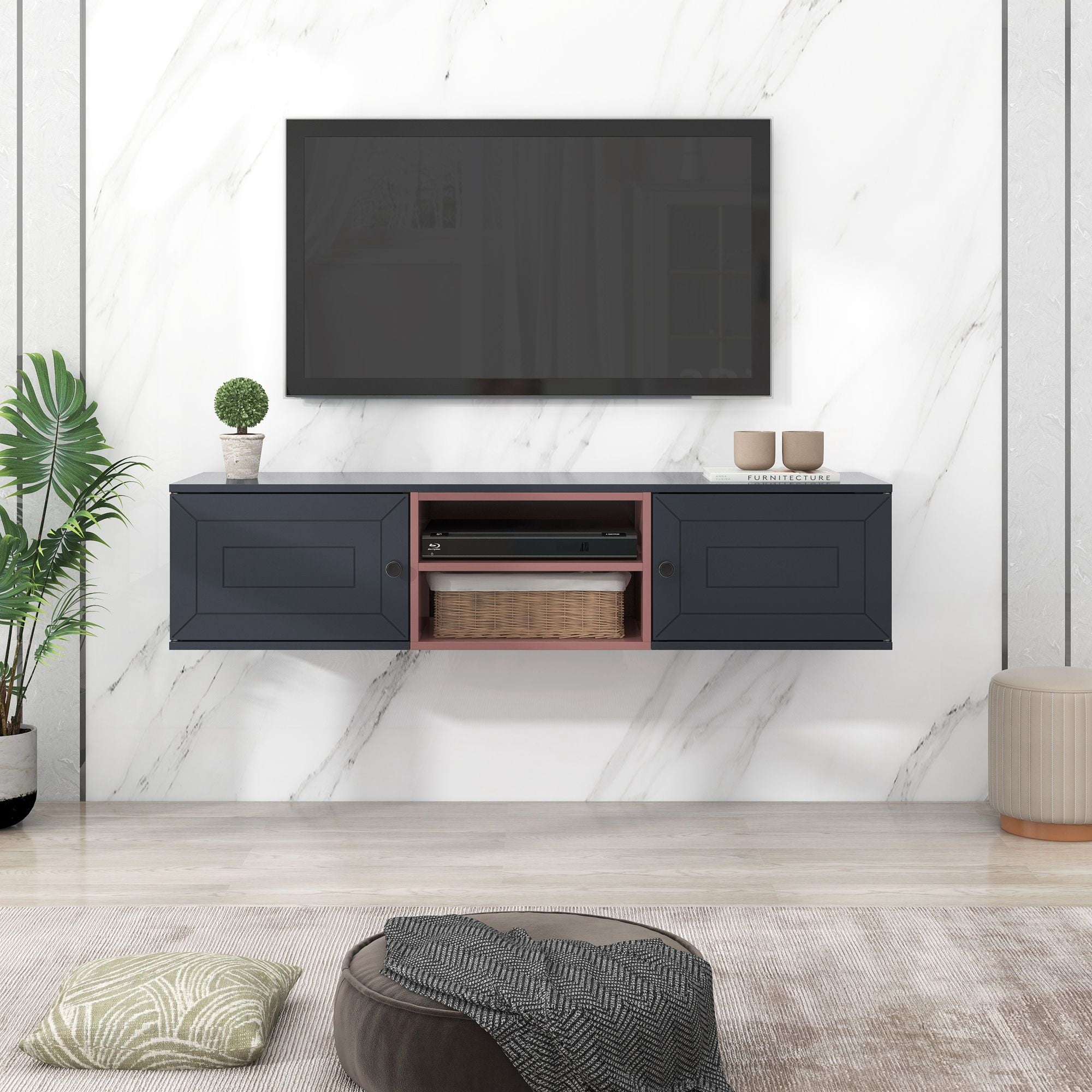 Momspeace Modern Floating TV Stand, Wall-mounted Media Console with Large Storage Space and Adjustable Shelf for TVs up to 65'' -Black