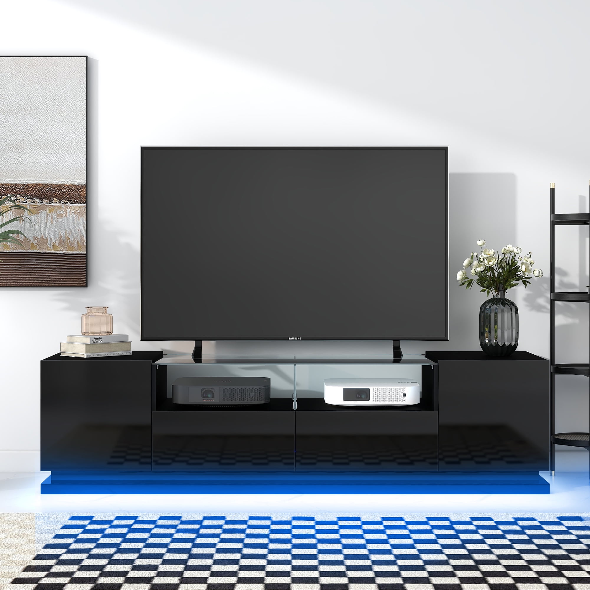 Momspeace Modern High Gloss TV Stand with Tempered Glass Shelf and 16-Color LED Light Strips for TVs up to 70'' -Black