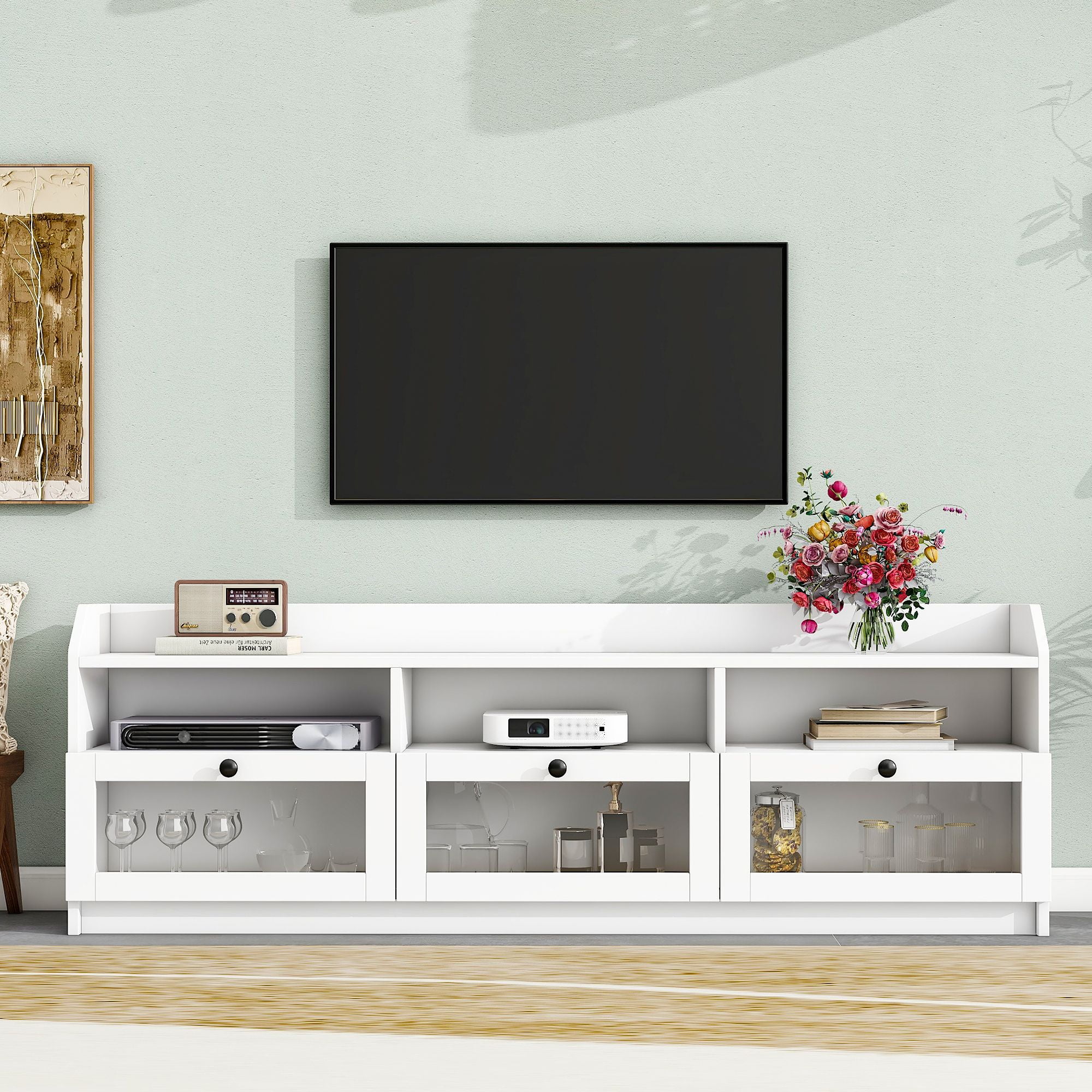 Momspeace Modern TV Stand with 3 Storage and Acrylic Board