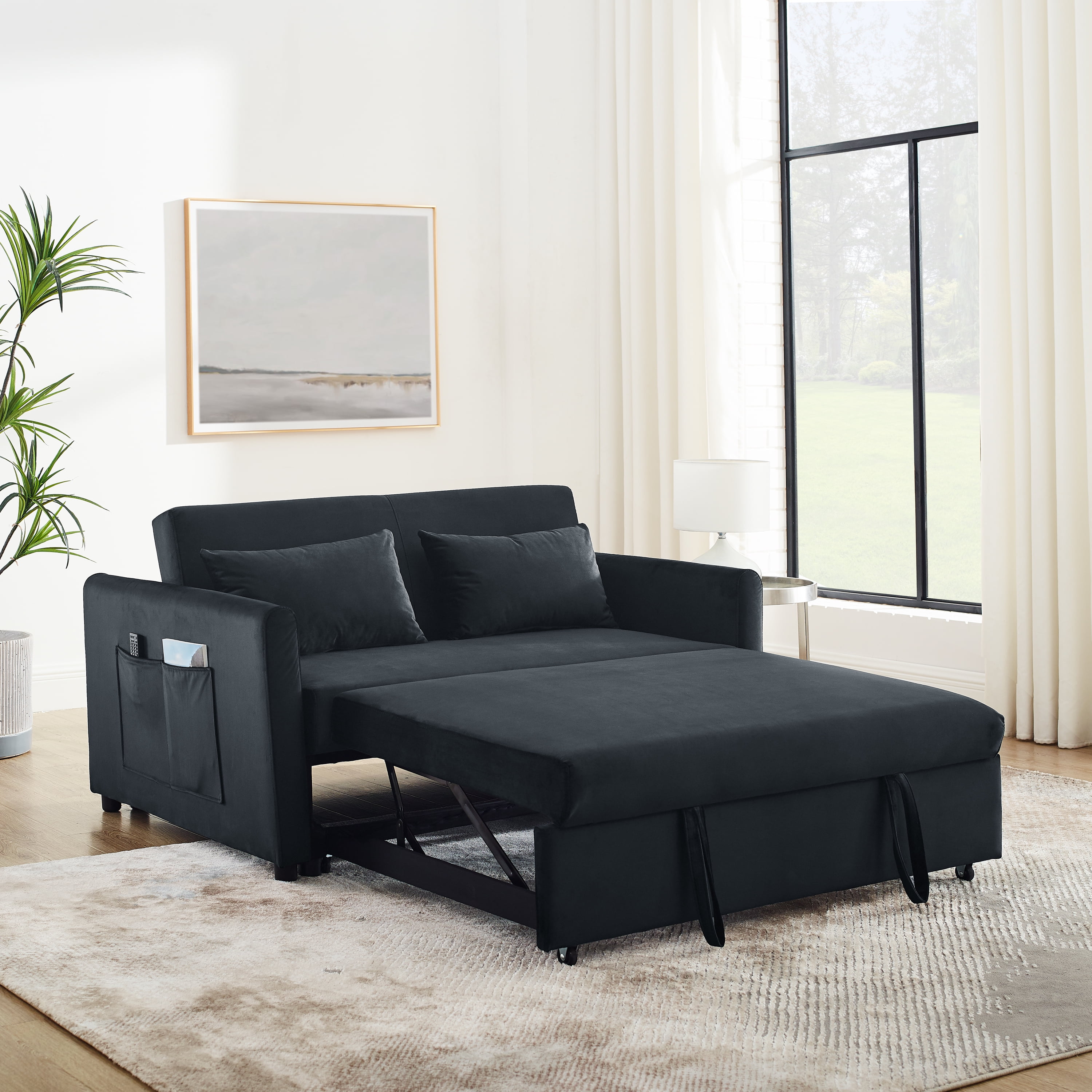 Momspeace Pull Out Sofa Bed Sleeper Sofa Couch Sofa Bed with Adjustable Backrest Velvet Loveseat For Living Room - Black