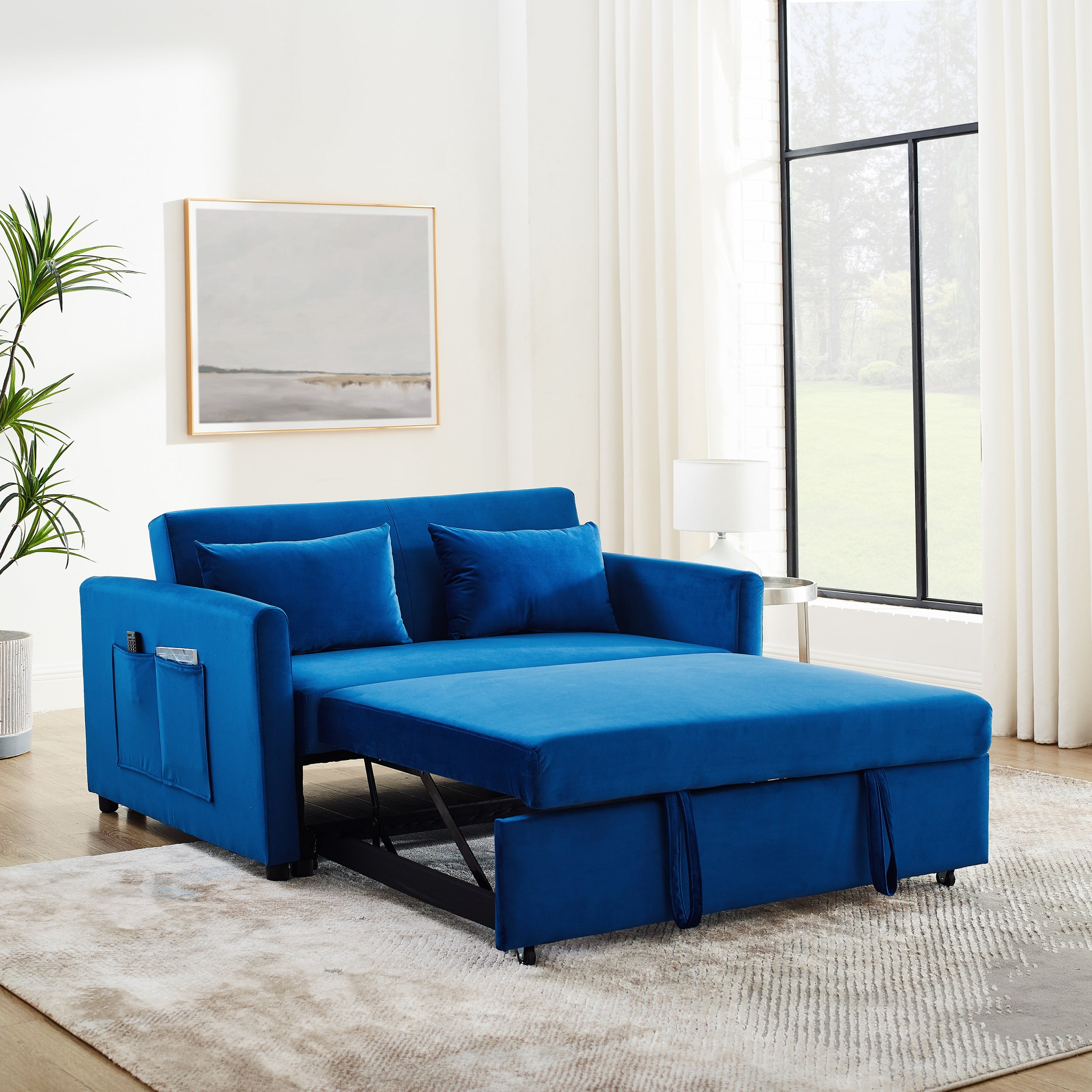 Momspeace&nbsp;Pull Out Sofa Bed Sleeper Sofa Couch Sofa Bed with Adjustable Backrest Velvet Loveseat For Living Room - Blue