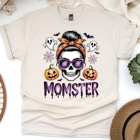 Momster Halloween Shirt | Cool Skull Mom Graphic Tee with Pumpkins & Ghosts, Natural, Size S