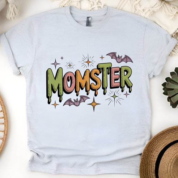 Momster Halloween Shirt | Funny Spooky Mom Graphic Tee with Bats and Stars, Ash, Size S