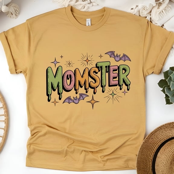 Momster Halloween Shirt | Funny Spooky Mom Graphic Tee with Bats and Stars, Gold, Size M