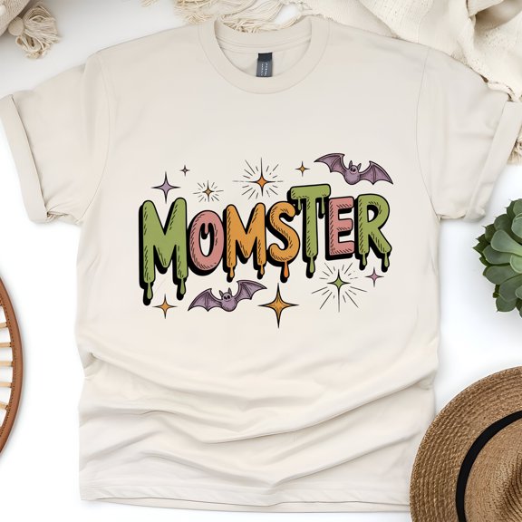 Momster Halloween Shirt | Funny Spooky Mom Graphic Tee with Bats and Stars, Natural, Size S