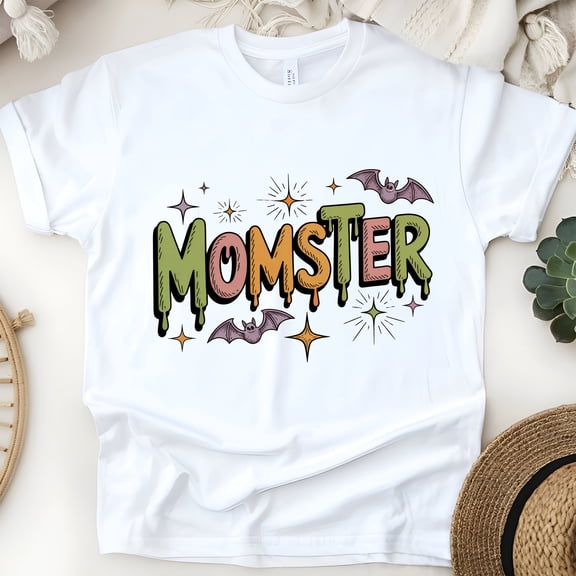 Momster Halloween Shirt | Funny Spooky Mom Graphic Tee with Bats and Stars, White, Size S